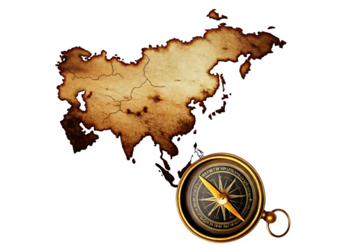Old world map of Asia with compass isolated on a transparent background old map vintage map