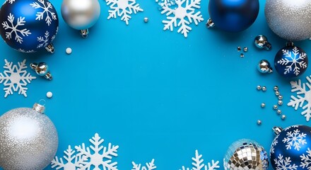 Blue and silver christmas ornaments and snowflakes on blue background