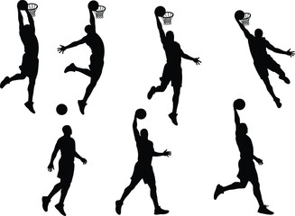 Basketball player silhouettes, slam dunk action, dribbling pose, shooting stance, athletic movement, sports training, dynamic motion, basketball hoop, professional game illustration, skill performance