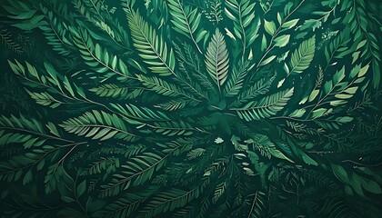 Deep green foliage pattern of lush botanical leaves and ferns creating an organic natural background texture