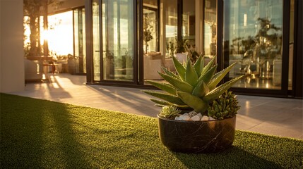 Vibrant aloe plant thrives on artificial grass patio bathed in golden sunset light near modern home