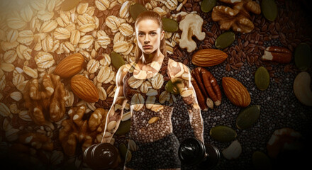 Athlete superimposed on nuts and seeds, a powerful image blending physical strength and healthy nutrition