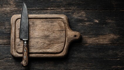 Rustic wooden cutting board with knife