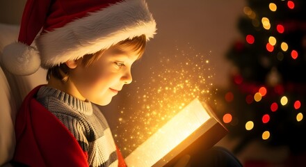 Young boy in santa hat reads a glowing book with christmas tree lights