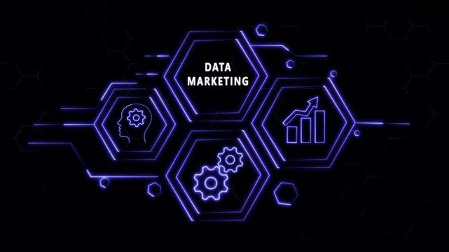 Abstract neon Hud knowledge ability business gear icon Glowing neon line concept. Glowing "DATA MARKETING" button in German on a futuristic, abstract wave technology on black background.