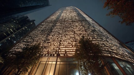 Stunning architectural facade illuminated at night with captivating text projections creating a modern urban marvel