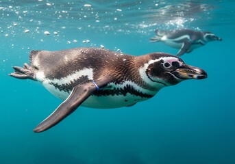 Naklejka premium Close-up Galápagos penguin swimming in turquoise water with sleek black-and-white plumage and flipper motion under sunlight