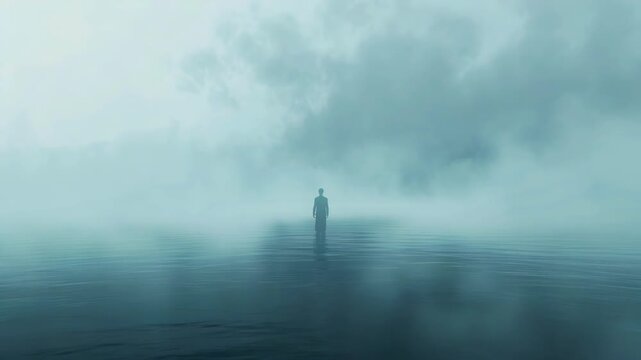 Man walking alone in foggy landscape. Misty, desolate setting with a sense of adventure and mystery.