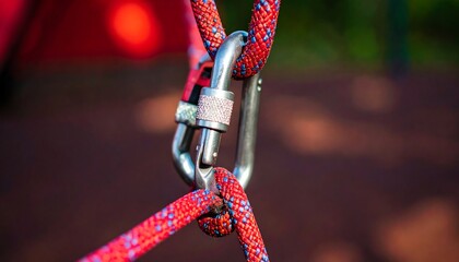 Closeup of metal carabiner securing red ropes