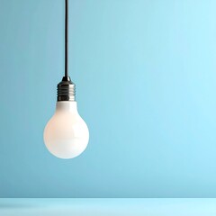 A single, glowing light bulb hangs against a simple light-blue background, highlighting its elegant design.