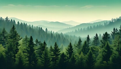 Breathtaking illustration of a vast evergreen forest panorama with misty mountains, showcasing dense pine trees under a serene sky. Ultra-detailed natural landscape