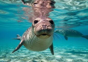 Close-up Hawaiian monk seal underwater with whiskers and curious gaze in turquoise ocean habitat