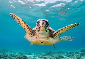 Obraz premium Close-up hawksbill sea turtle swimming in turquoise ocean with amber-patterned shell and flippers extended under sunlight