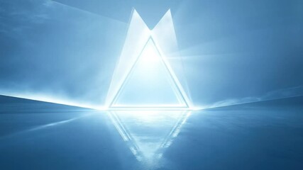 Abstract blue triangle portal shining with light on reflective wet floor