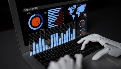 Robotic hands interact with a digital data dashboard on a laptop, featuring graphs, charts, and a world map, symbolizing modern analytics in a tech-driven world. Impute