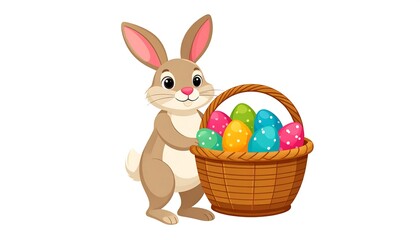 A cheerful cartoon bunny holds a basket overflowing with colorful Easter eggs against a plain white background.