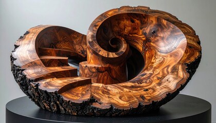 Intricate swirling wood sculpture, dark bark base, showcasing rich grain and internal spiral forms