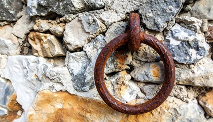 Rustic metal ring affixed to a stone wall
