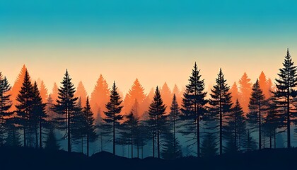 Captivating minimalist illustration showcasing a dense evergreen forest silhouette against a serene, vibrant gradient sky, ideal for peaceful nature backgrounds and scenic designs