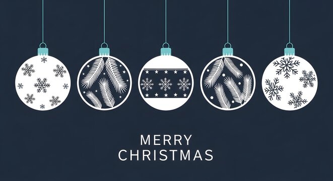 Five white christmas ornaments with snowflakes and pine branches