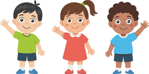 Happy diverse children waving hands, cartoon kids illustration, friendly smiling faces, multicultural group, childhood friendship, inclusivity, education, teamwork, unity, positive interaction, joy