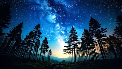 Night sky over a tranquil evergreen forest with tall pine trees under the vast expanse of the Milky Way, rendered in stunning 16K ultra-HD quality for a breathtaking view
