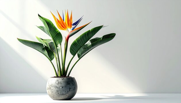 A vibrant Bird of Paradise plant in a round gray pot, bathed in sunlight against a minimalist white backdrop