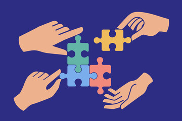 Hands assembling colorful puzzle pieces