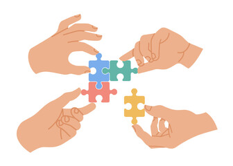 Hands assembling colorful puzzle pieces