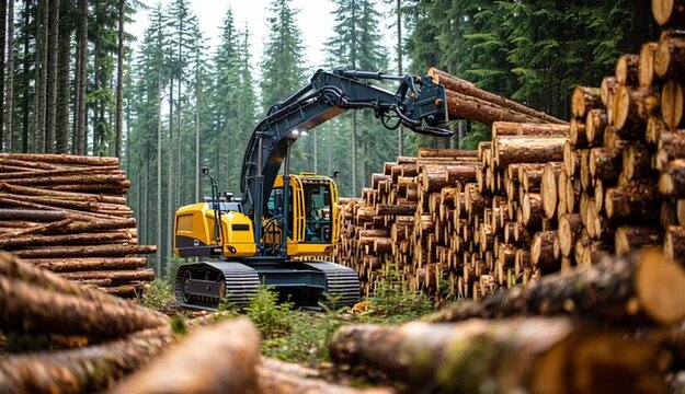 Forestry harvester machine with hydraulic arm loading cut timber logs in forest, large stacks of wooden logs piled on both sides, dense pine and spruce forest background, bright studio lighting, lar