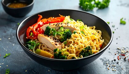 A flavorful dish of chicken noodles with colorful vegetables, served in a black bowl, features a delicious meal.