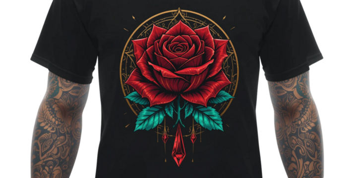 a vibrant graphic design of a red rose set against a black shirt with detailed floral patterns on tattooed arms.