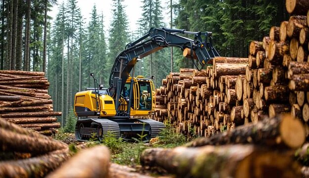 Forestry harvester machine with hydraulic arm loading cut timber logs in forest, large stacks of wooden logs piled on both sides, dense pine and spruce forest background, bright studio lighting, lar