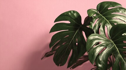 Lush green monstera leaves create a vibrant tropical backdrop against soft pastel pink wall