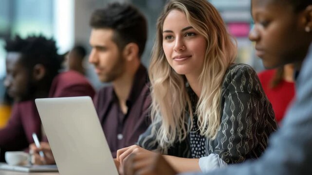 People working together on laptop project, happy face woman looking at camera