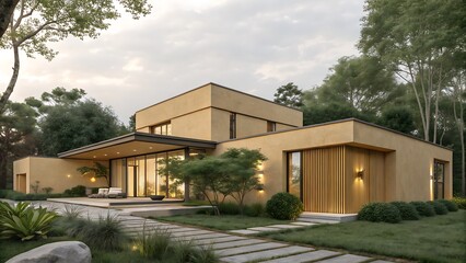 Modern house exterior with landscaping and stone pathway leading up