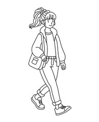 Teen Girl Walking with Shoulder Bag Line Art Illustration