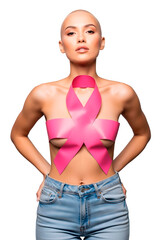  breast cancer awareness - Bald woman with pink ribbon tape on chest isolated on transparent background