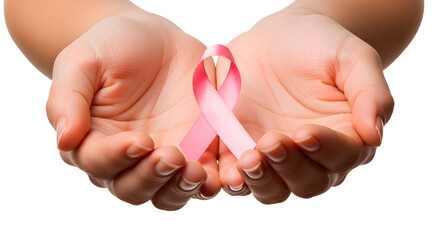  breast cancer awareness - Hands holding pink ribbon for breast cancer awareness isolated on transparent background