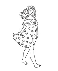 Woman in floral dress walking Line Art Illustration