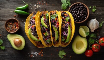 Four tacos, topped with seasoned ground beef, black beans, avocado, and slaw, arranged on a dark wooden table with various ingredients
