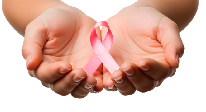  breast cancer awareness - Hands holding pink ribbon for breast cancer awareness isolated on transparent background