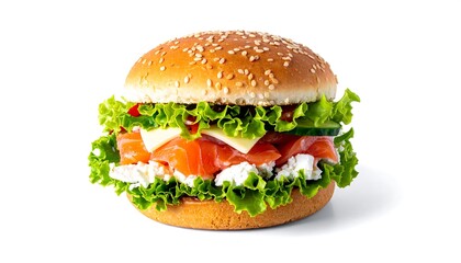 A salmon and cheese sandwich, artfully composed on a sesame seed bun, is a delicious and healthy meal.