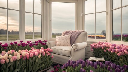Armchair surrounded by tulips in a sunroom with a view of a field