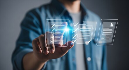 Businessman interacting with digital checklist, achieving goals and completing tasks efficiently