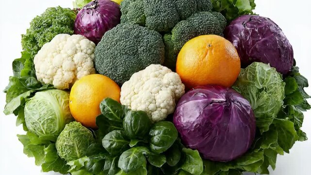 Dynamic Camera Pan Across a Vibrant Bounty of Fresh Vegetables and Fruits on a White Background.