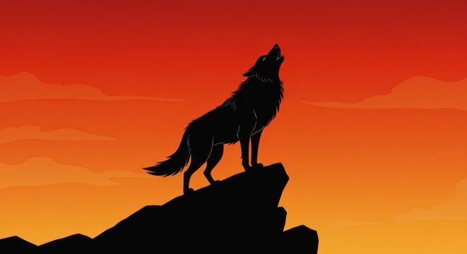 Solitary Call of the Wild: A silhouette of a lone wolf against a vibrant sunset, capturing the untamed essence of nature and wilderness, conveying freedom and primal instincts.