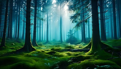 Sunlight streams through the mystical evergreen forest, illuminating the vibrant moss-covered ground
