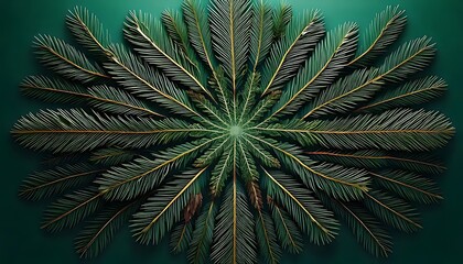 Stylized evergreen mandala illustration, a symmetrical radial pattern of lush pine branches and leaves on a deep green backdrop, creating a natural, organic design