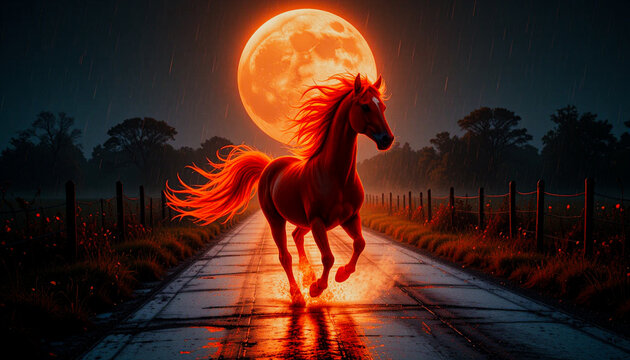 Year of the Red Fire Horse: 2026 according to the Chinese calendar. A mythical fire horse gallops along a country road under a huge moon